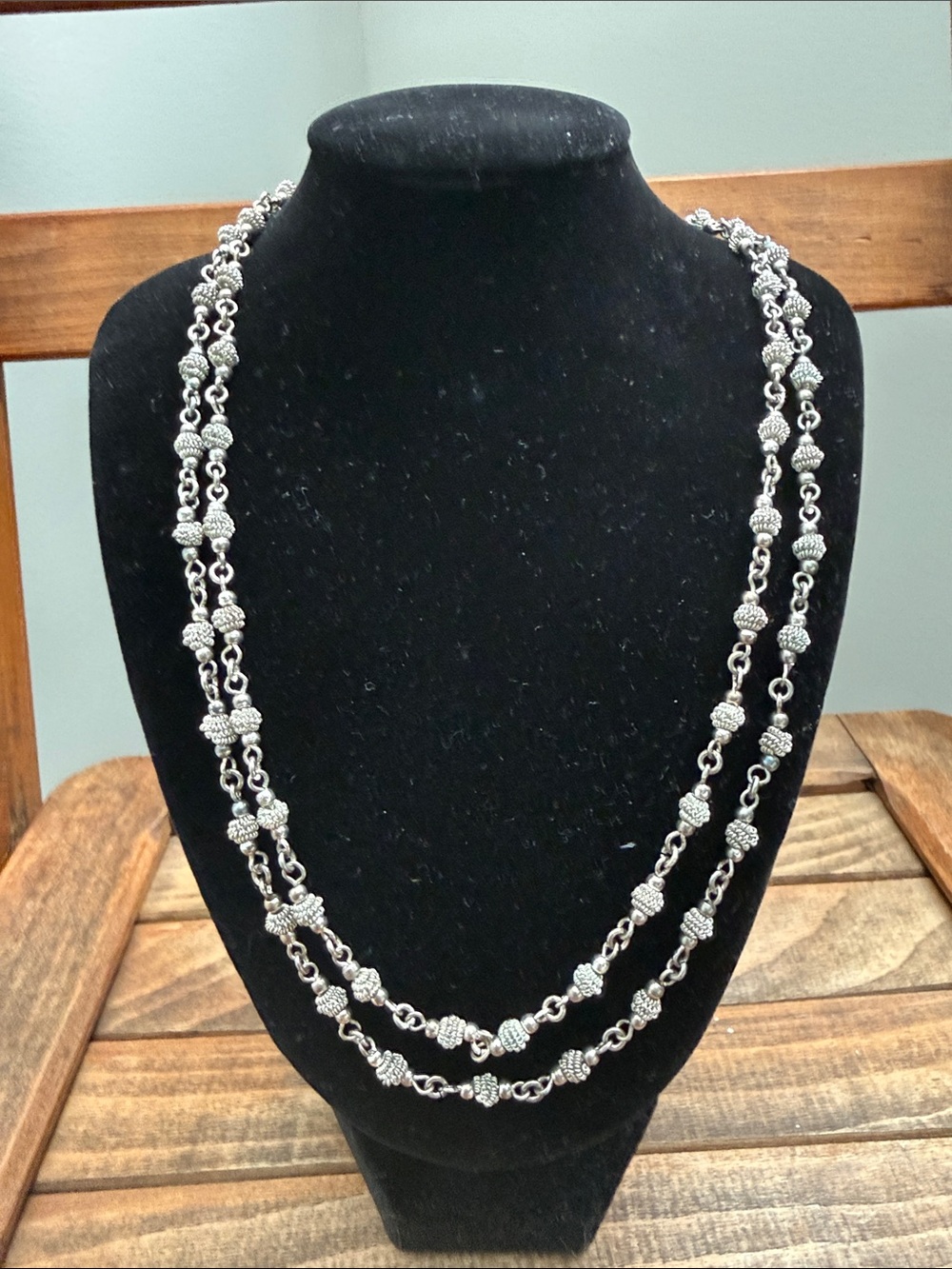 Vintage Silver Tone Double Strand Textured Bead Statement Necklace
